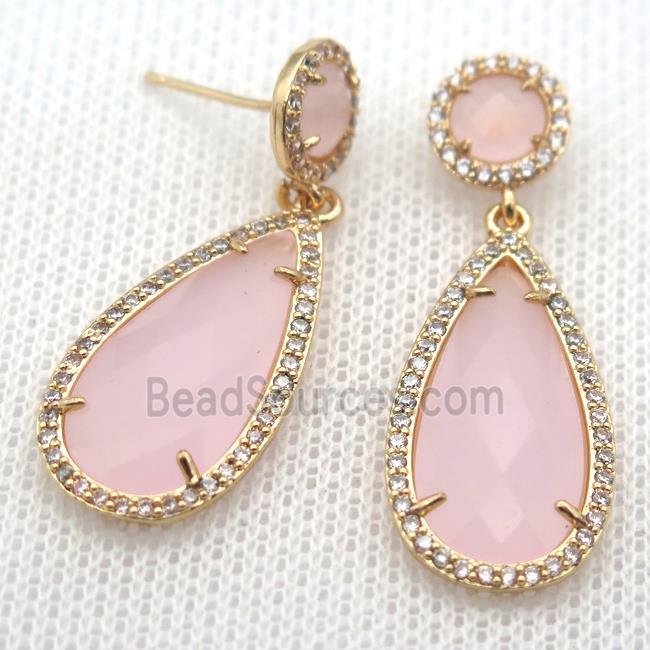 copper teardrop stud Earrings pave zircon with pink crystal glass, gold plated