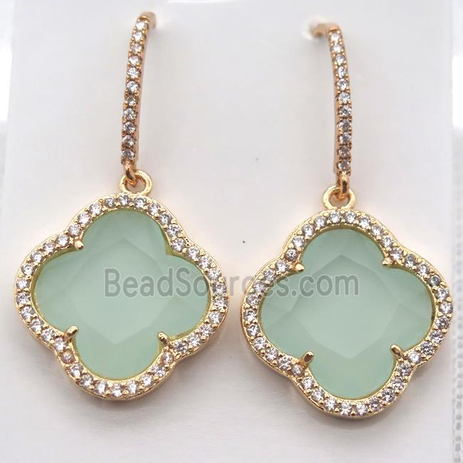 copper clover Hoop Earrings pave zircon with green crystal glass, gold plated