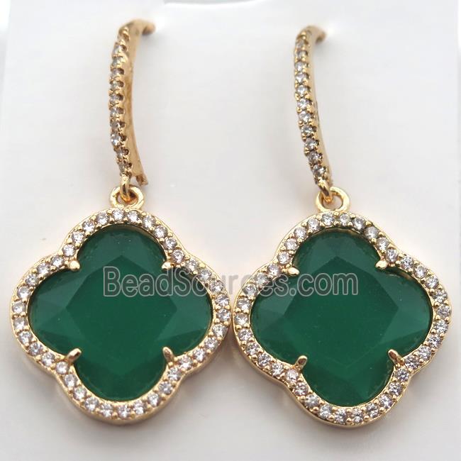 copper clover Hoop Earrings pave zircon with green crystal glass, gold plated