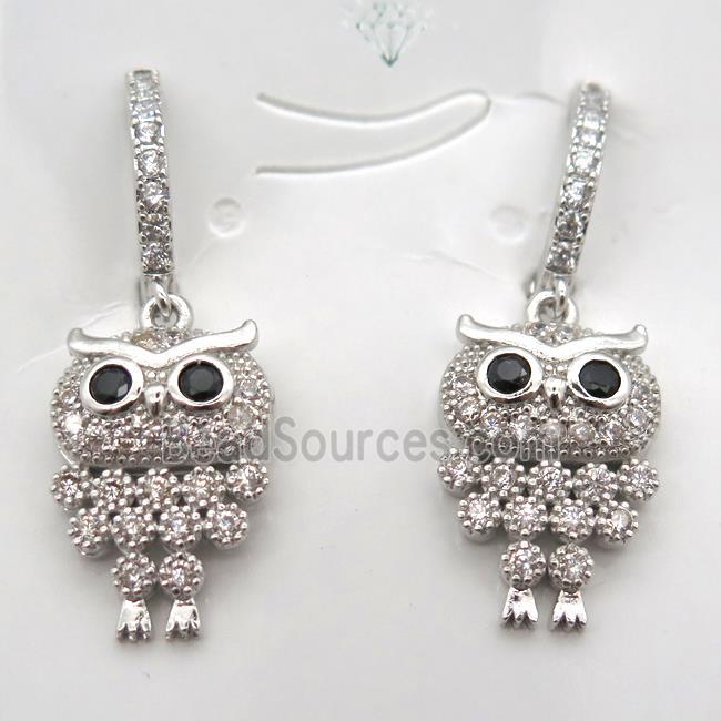 copper owl Hoop Earrings pave zircon, platinum plated