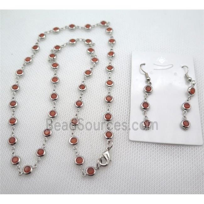 copper Jewelry Sets with orange zircon, platinum plated