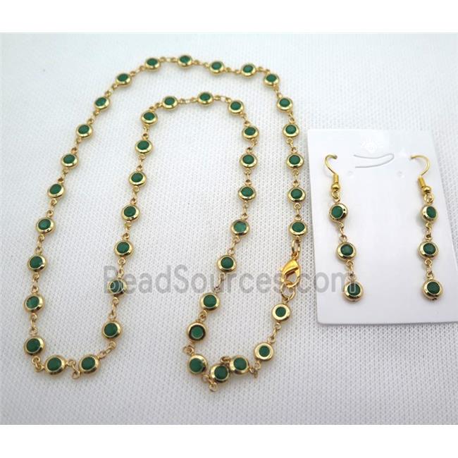 copper Jewelry Sets with green zircon, gold plated