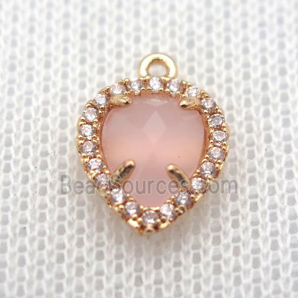 copper teardrop pendant pave zircon with pink crystal glass, gold plated