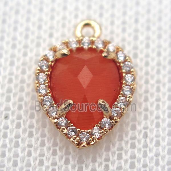 copper teardrop pendant pave zircon with red crystal glass, gold plated