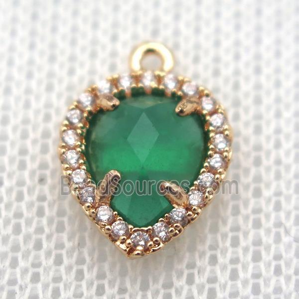 copper teardrop pendant pave zircon with green crystal glass, gold plated