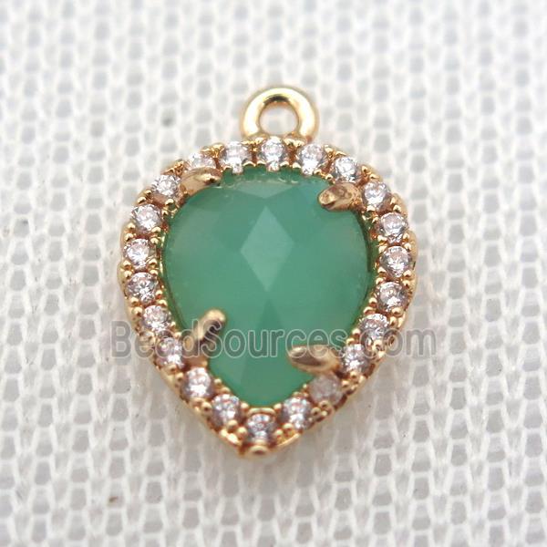 copper teardrop pendant pave zircon with green crystal glass, gold plated