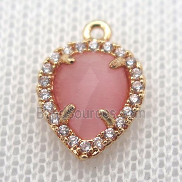 copper teardrop pendant pave zircon with pink crystal glass, gold plated