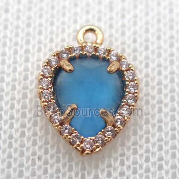 copper teardrop pendant pave zircon with blue crystal glass, gold plated