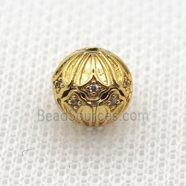 round copper beads paved zircon, gold plated