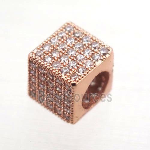 European Style copper beads paved zircon, cube, rose gold