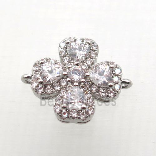 copper clover connector paved zircon, platinum plated