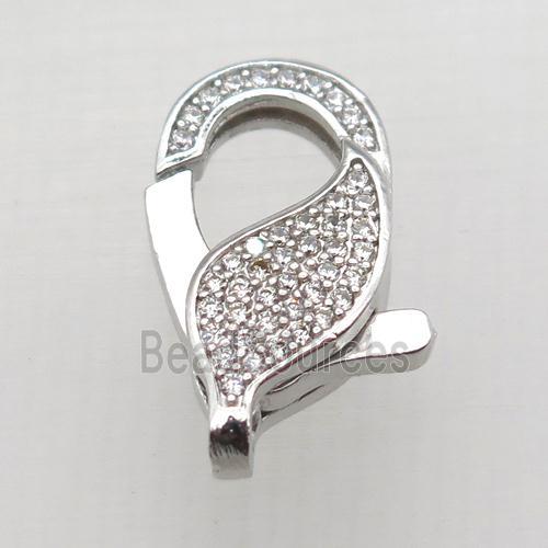 copper Lobster Clasp pave zircon, platinum plated