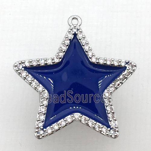 copper star pendant pave zircon with deepblue Enameling, platinum plated