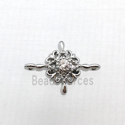 copper flower connector pave zircon, platinum plated