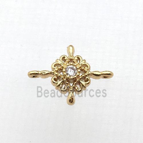 copper flower connector pave zircon, gold plated