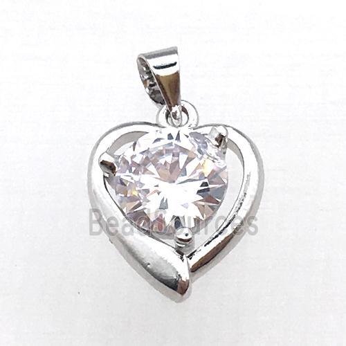 copper heart pendant pave zircon, platinum plated