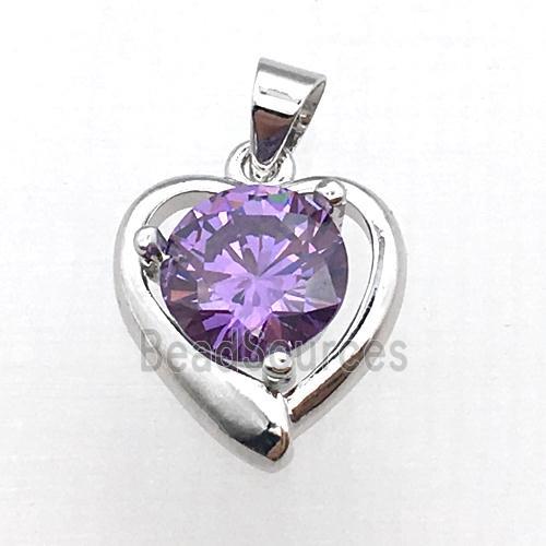 copper heart pendant pave purple zircon, platinum plated