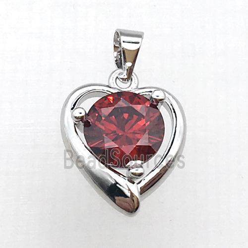 copper heart pendant pave red zircon, platinum plated