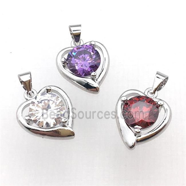 copper heart pendant pave zircon, platinum plated, mixed color