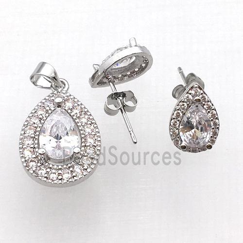 copper Stud Earring and Pendant pave zircon, platinum plated