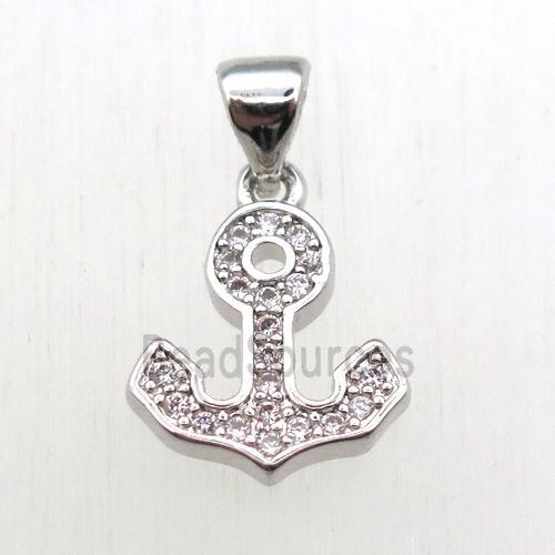 copper anchor pendant pave zircon, platinum plated