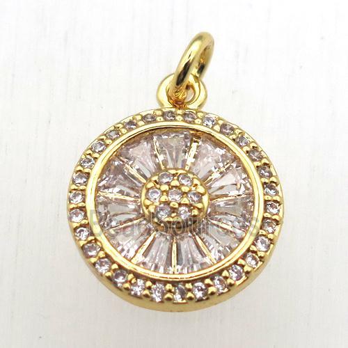 copper circle pendant pave zircon, gold plated