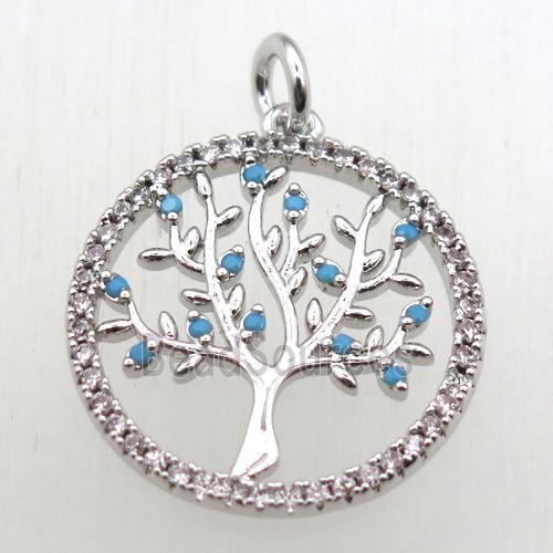 copper pendant pave zircon, tree of life, platinum plated