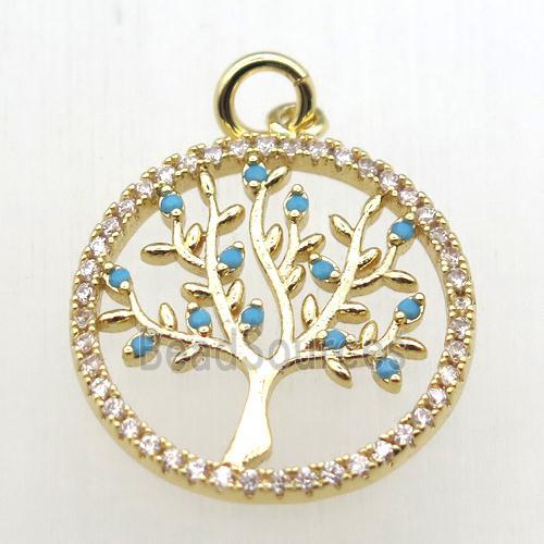 copper pendant pave zircon, tree of life, gold plated