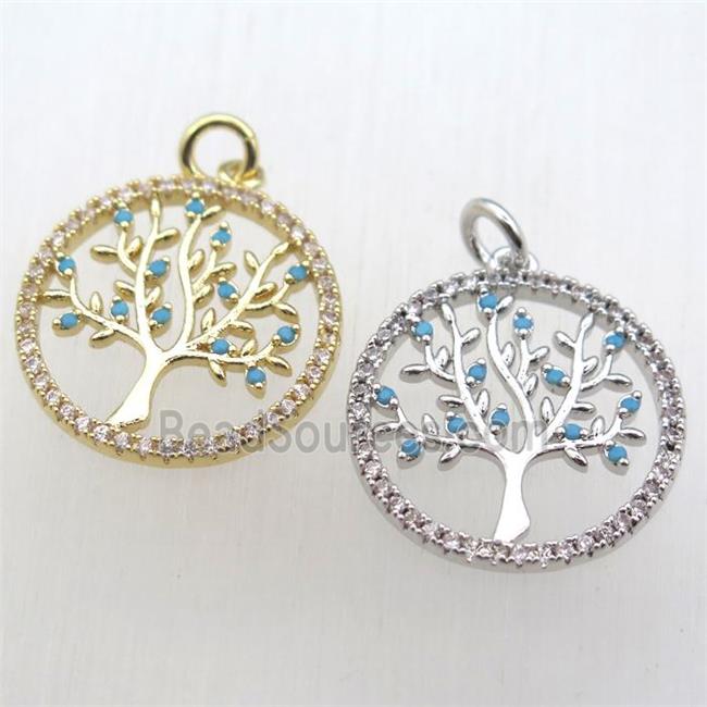 copper pendant pave zircon, tree of life, mixed