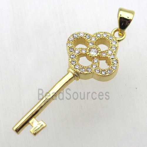 copper key charm pendant pave zircon, gold plated