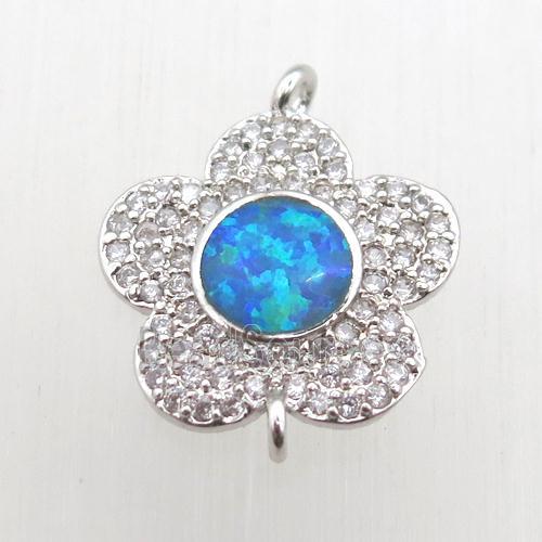 copper flower connector pave zircon with fire opal, platinum plated