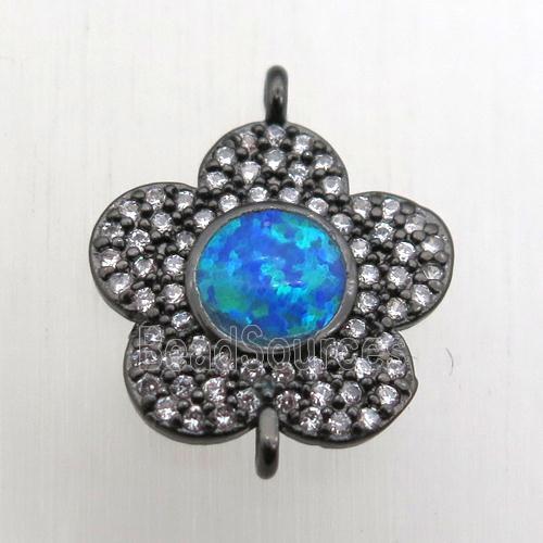 copper flower connector pave zircon with fire opal, black plated