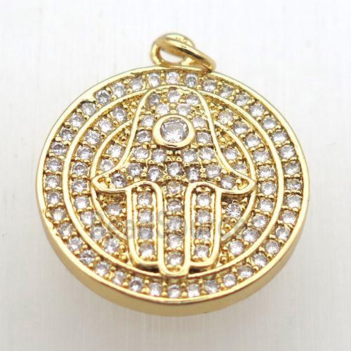 copper hamsahand pendant pave zircon, gold plated