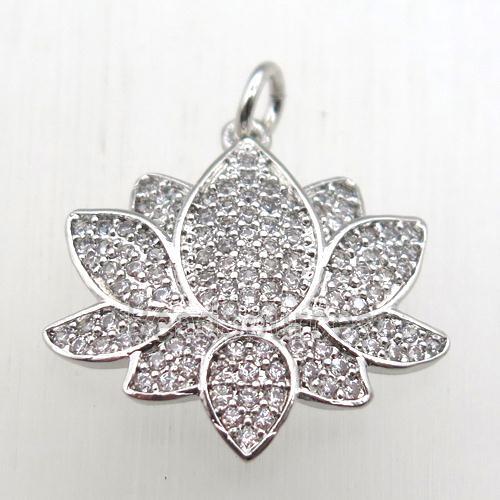 copper lotus pendant pave zircon, platinum plated