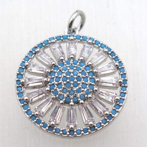 copper sun pendant pave zircon, platinum plated