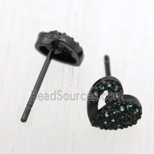 copper stud Earrings pave zircon, heart, black plated