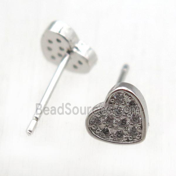 copper stud Earrings pave zircon, heart, platinum plated