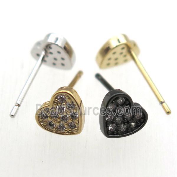 copper stud Earrings pave zircon, heart, mixed color