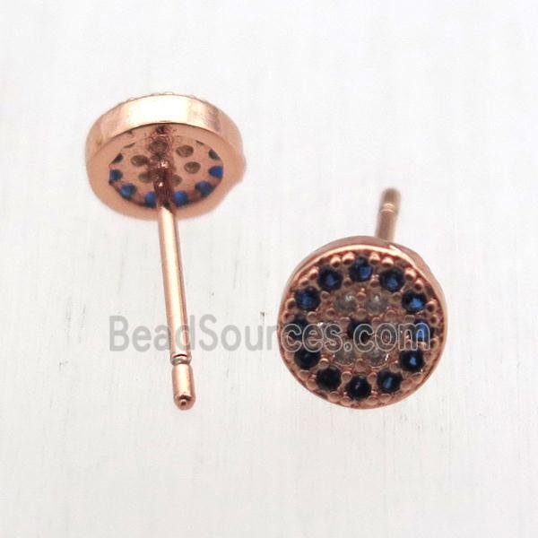 copper stud Earrings pave zircon, circle, rose gold