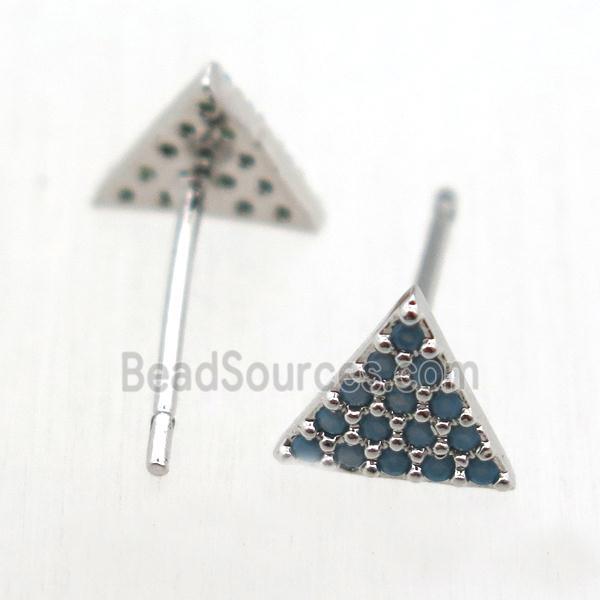 copper stud Earrings pave zircon, triangle, platinum plated