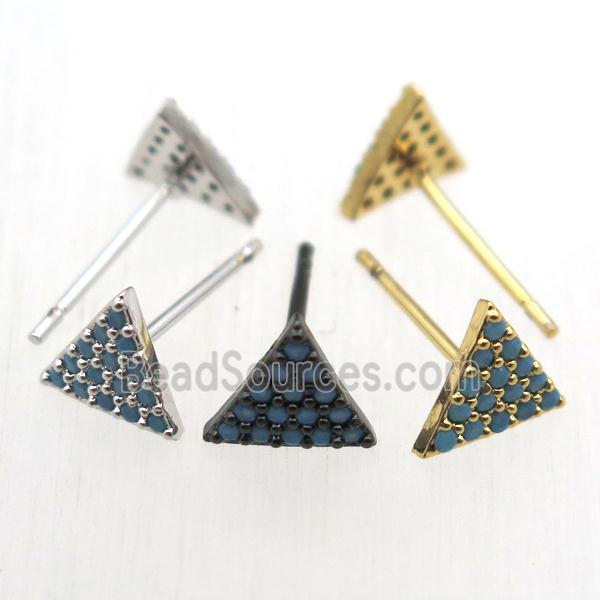 copper stud Earrings pave zircon, triangle, mixed color