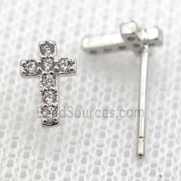 copper stud Earrings pave zircon, cross, platinum plated