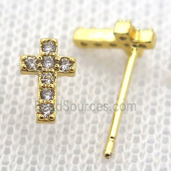 copper stud Earrings pave zircon, cross, gold plated