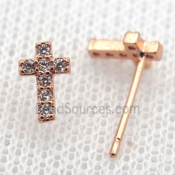 copper stud Earrings pave zircon, cross, rose gold