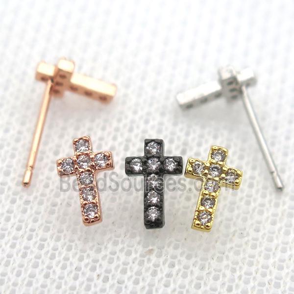 copper stud Earrings pave zircon, cross, mixed color