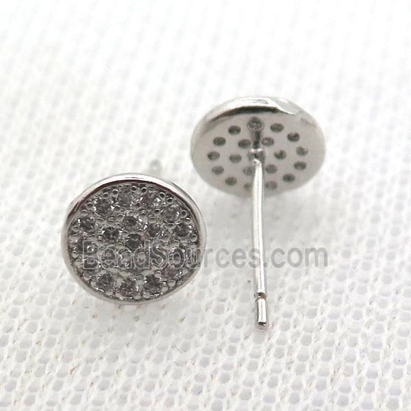 copper stud Earrings pave zircon, circle, platinum plated