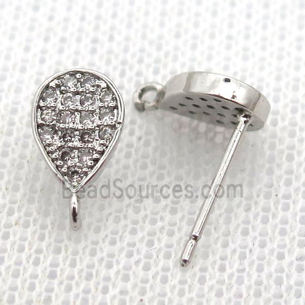 copper stud Earrings pave zircon, teardrop, platinum plated