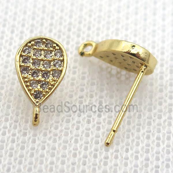 copper stud Earrings pave zircon, teardrop, gold plated