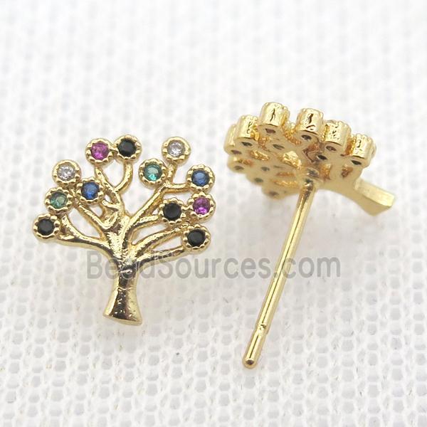 copper stud Earrings pave zircon, tree of life, gold plated