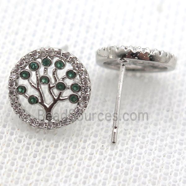 copper stud Earrings pave zircon, tree of life, platinum plated